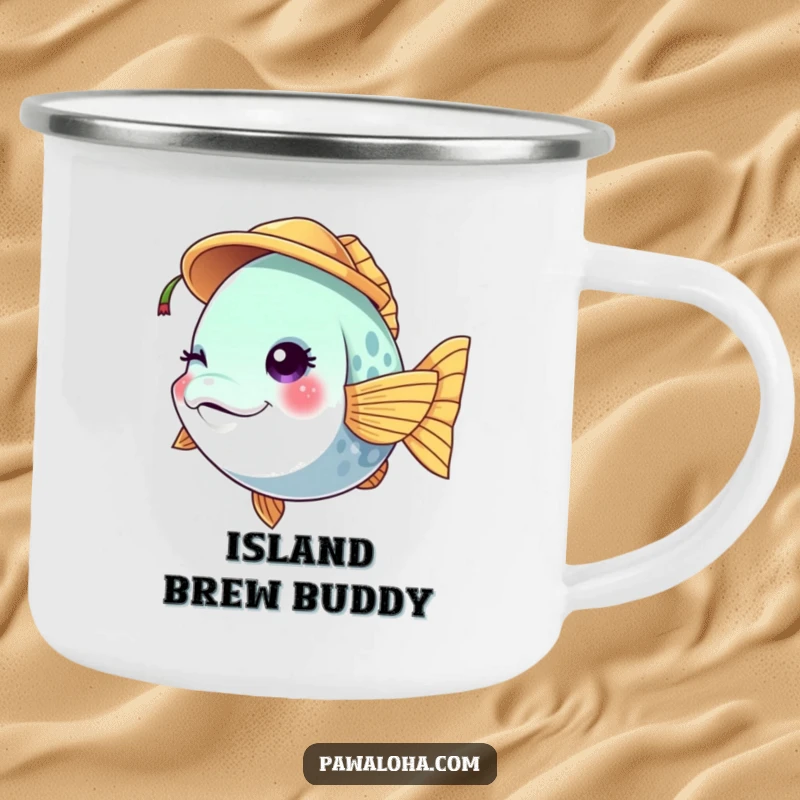 Funny vibrant fish character camping mug winking while wearing a tiny coconut hat, ideal for tropical outdoor trips.