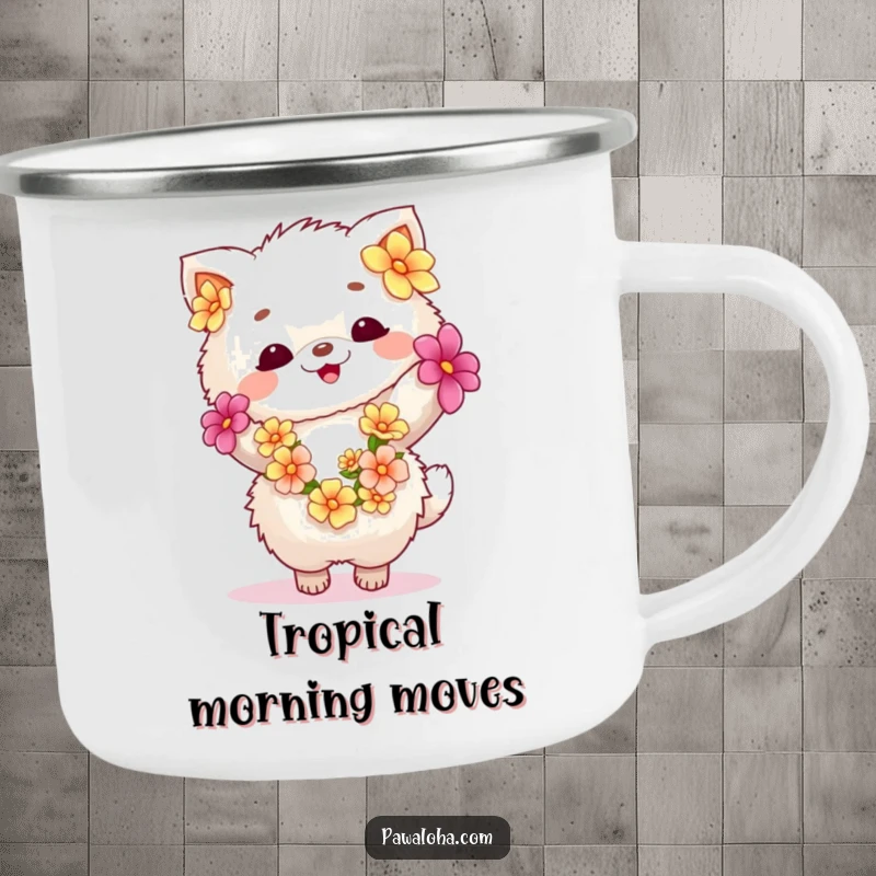 Funny fluffy animal in a lei dancing joyfully on a durable camping mug. Perfect for outdoor adventures and smiles.