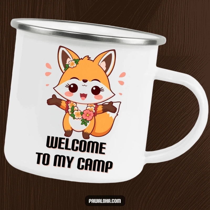 Funny fox in a lei, greeting cheerfully with open arms, a humorous and durable camping mug design.