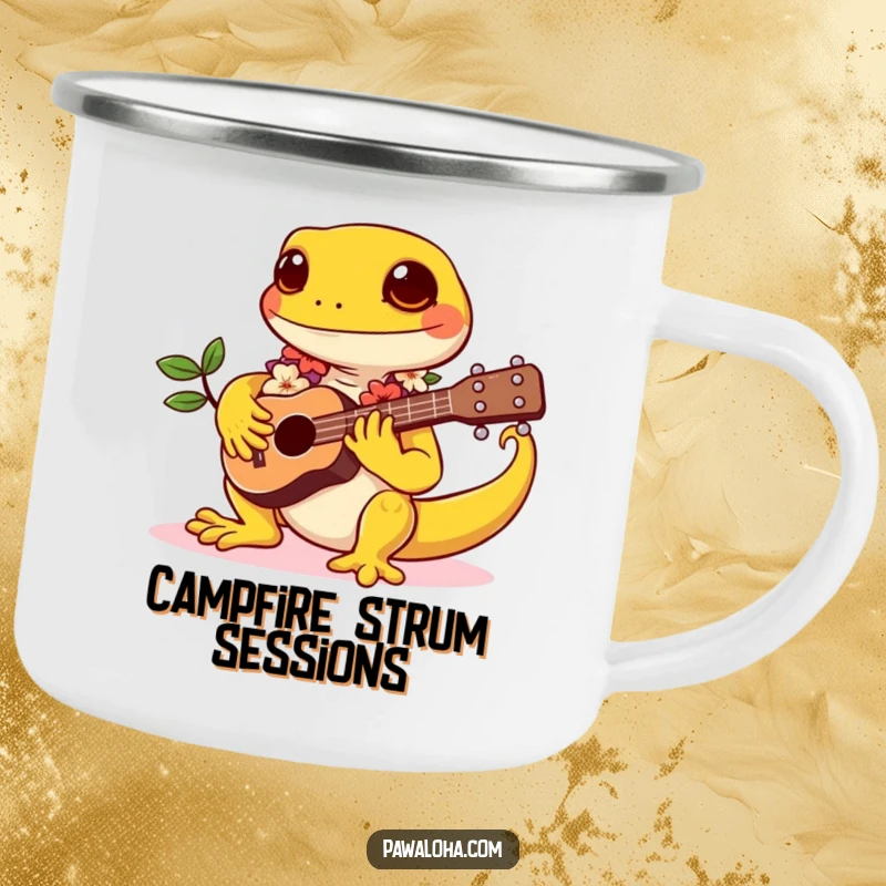 Funny camping mug featuring a kawaii gecko wearing a lei, playing a tiny ukulele, designed for outdoor musical enjoyment.