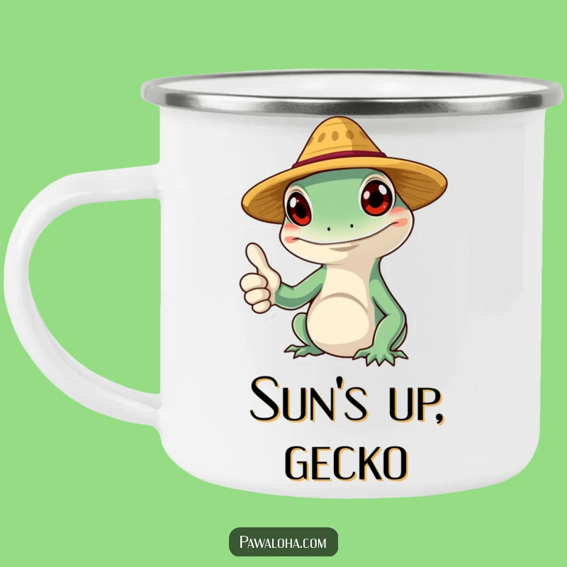 Funny Gecko Camping Mug: Straw Hat Character Enamel Mug for Adventures