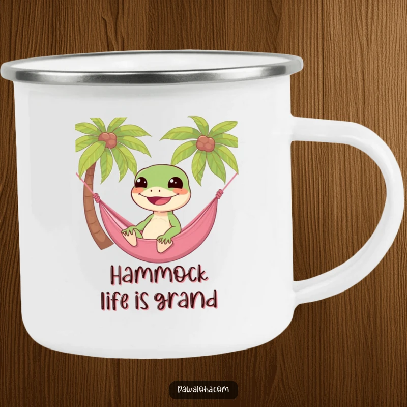 Funny gecko lounging in a hammock between palm trees, a durable and humorous camping mug design.