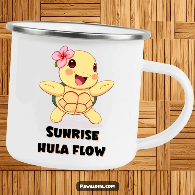 Funny camping mug featuring a happy sea turtle wearing a flower, doing a hula dance, designed for outdoor enjoyment.