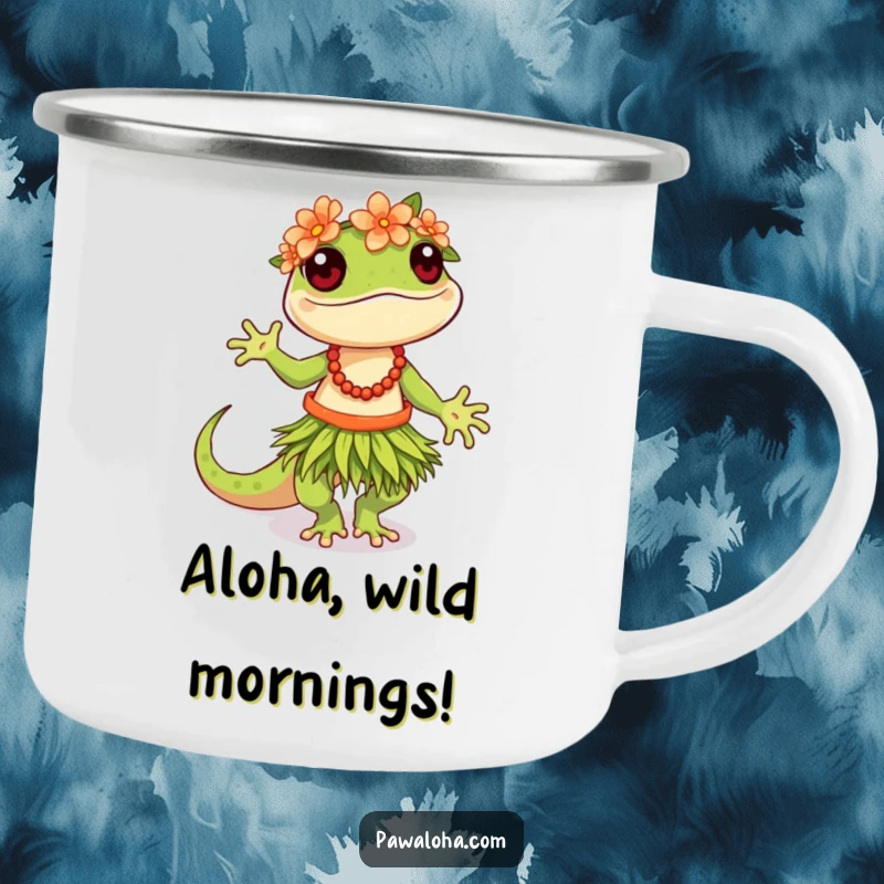 Funny Hula Gecko Camping Mug featuring a dancing gecko in hula attire, bringing tropical party vibes to the campsite.