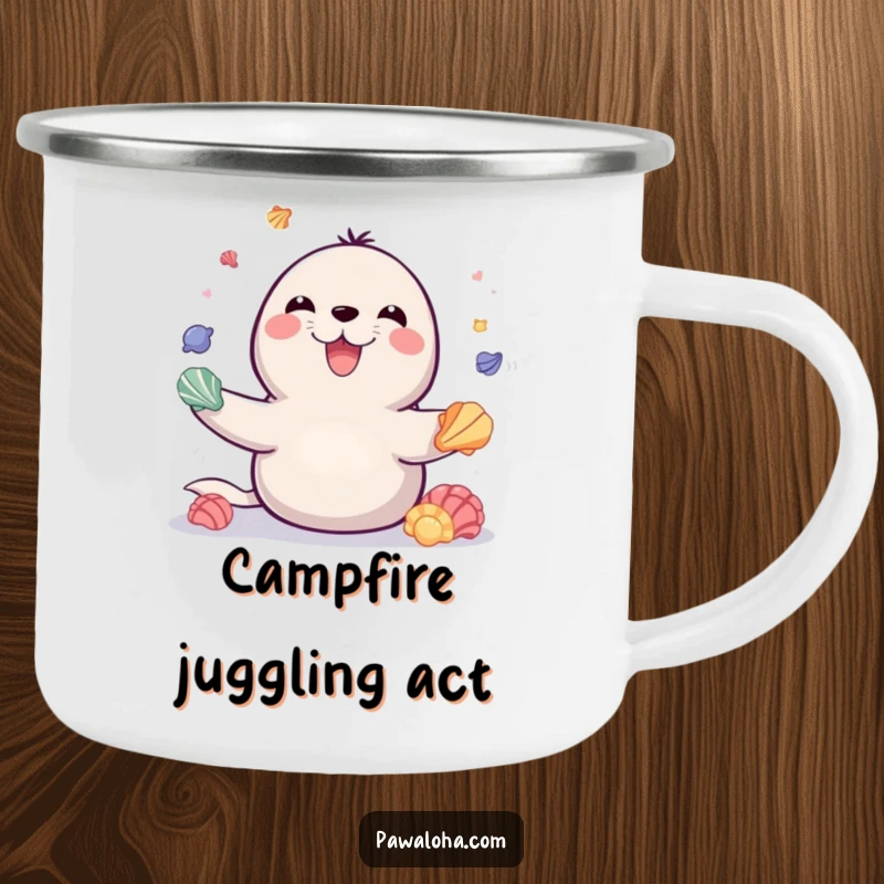 Funny camping mug with a playful seal beaming, juggling colorful seashells, perfect for enjoying drinks outdoors with marine-themed cheer.