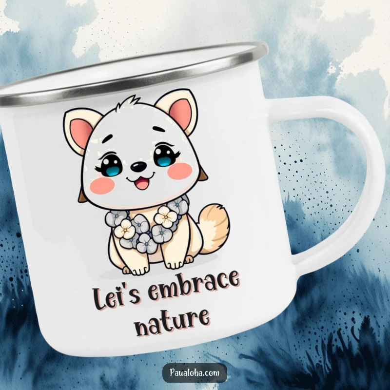 Funny Kawaii Aloha Animal Camping Mug: Adorable cartoon creature with a lei, smiling brightly, ideal for hot beverages in the great outdoors.