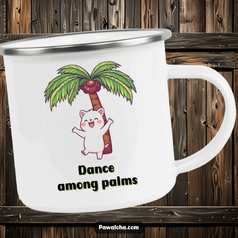 Funny Kawaii Dance Animal Camping Mug: Cute cartoon creature dancing under a palm tree, ideal for hot drinks during outdoor activities.