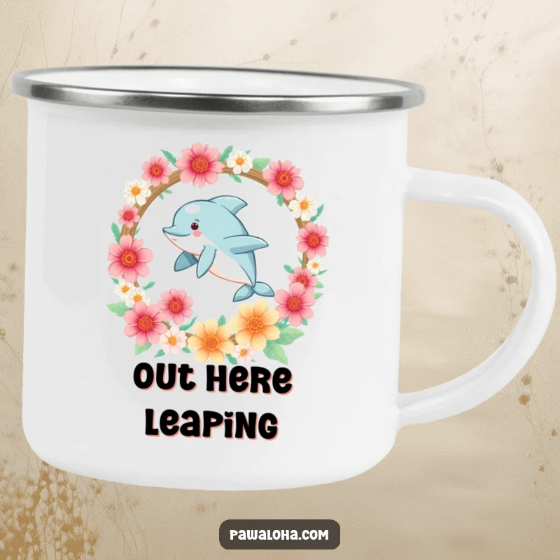 Funny Kawaii dolphin leaping through flowers on a rugged enamel camping mug, ready for any adventure.