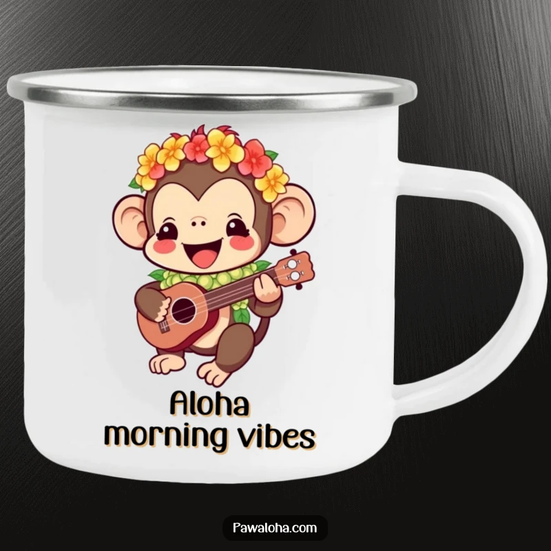 Funny Kawaii monkey camping mug featuring a happy character in a lei playing a ukulele, perfect for outdoor enthusiasts who enjoy tropical humor.