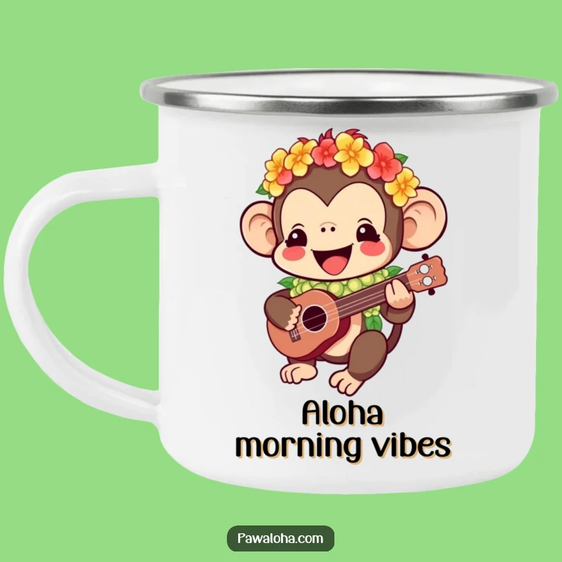 Funny Kawaii Monkey Camping Mug: Aloha Ukulele, Humorous Tropical Outdoor Gift