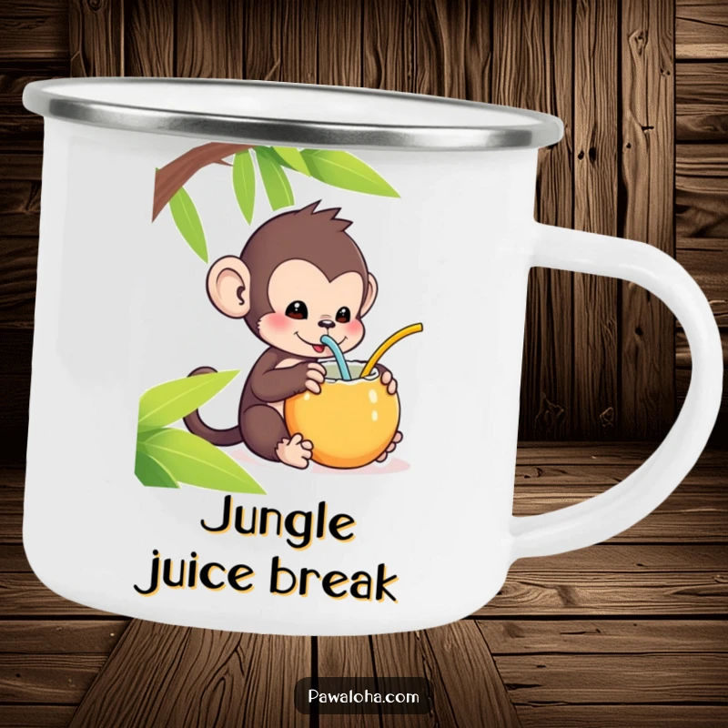 Funny Kawaii Monkey Camping Mug: Enamel mug with a monkey happily sipping from a coconut with a straw, funny outdoor gear.