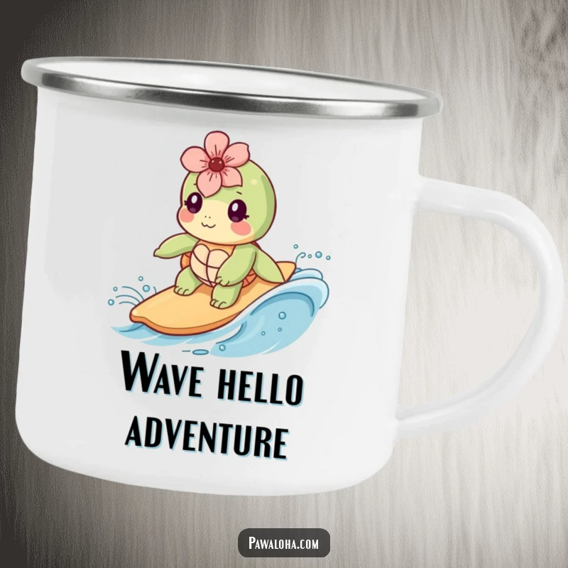 Funny Kawaii sea turtle with a flower surfs a wave on a rugged enamel camping mug, ready for any adventure.
