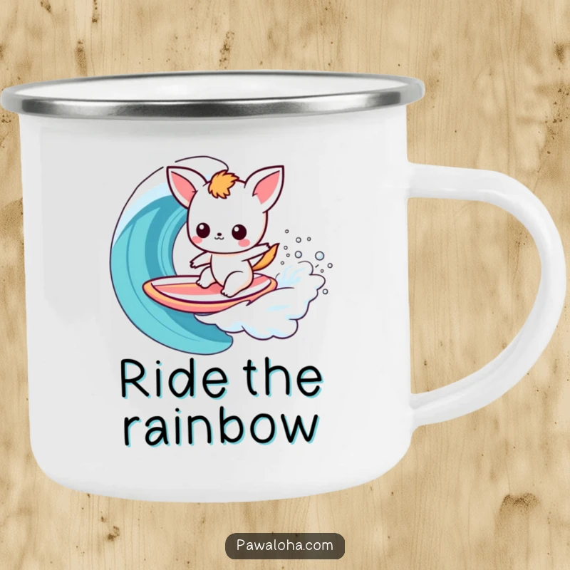 Funny Kawaii Surfer Animal Camping Mug: Cute cartoon character on a surfboard, riding a rainbow wave, built for rugged outdoor enjoyment.