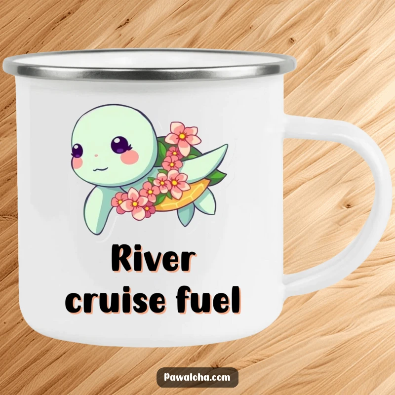 Funny Kawaii Turtle Camping Mug: Enamel mug with a sea turtle swimming with a flower garland, funny outdoor gear.