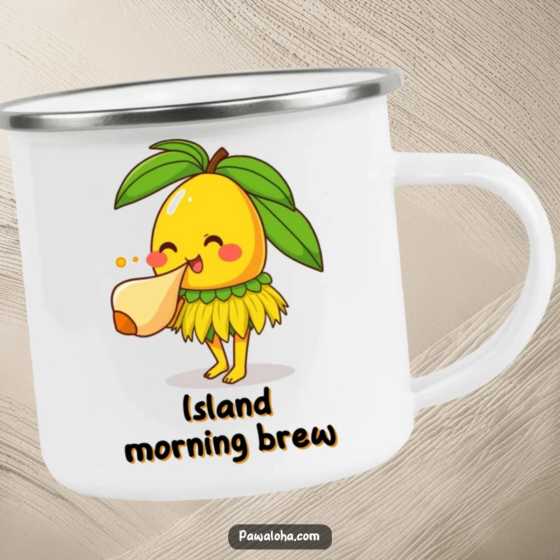Funny mango character in grass skirt blowing conch shell, a durable and funny camping mug for outdoor fun.