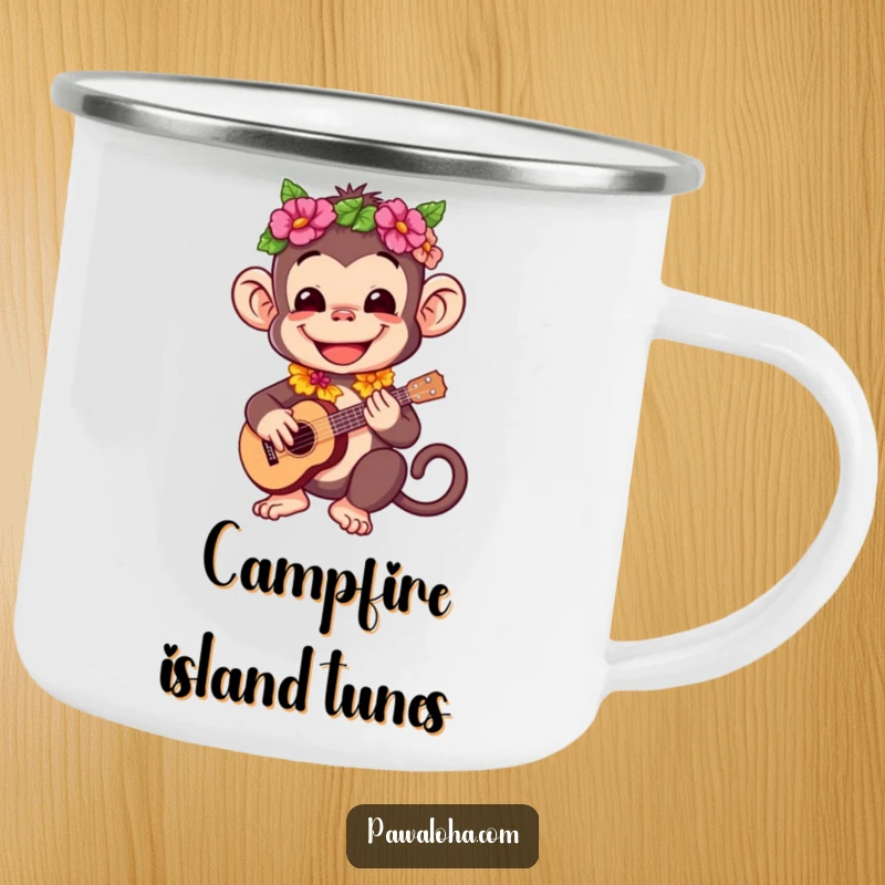 Funny camping mug showing a happy monkey wearing a lei and playing a ukulele.