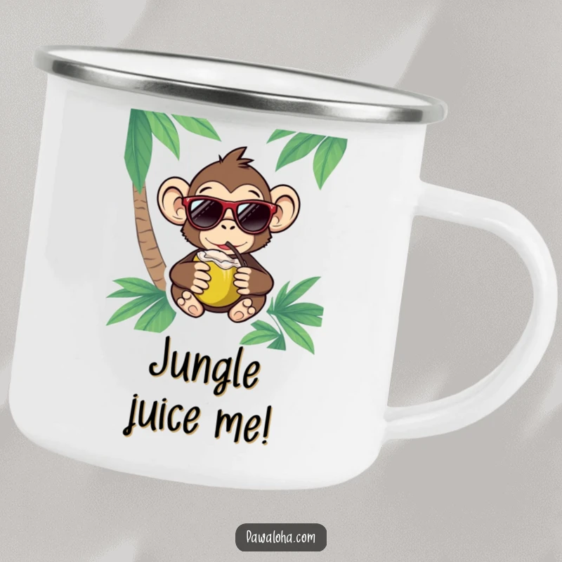 Funny Monkey Camping Mug featuring a monkey with sunglasses and a coconut, bringing tropical chill to any campsite.