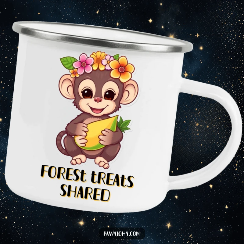 Funny camping mug with a charming monkey adorned with a flower crown, offering a tropical fruit, perfect for enjoying drinks outdoors with charm.