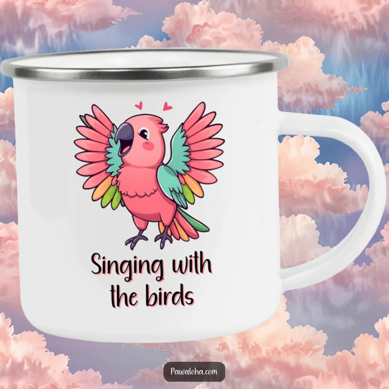 Funny Parrot Camping Mug with a vibrant parrot spread wings, singing cheerfully, durable and portable.
