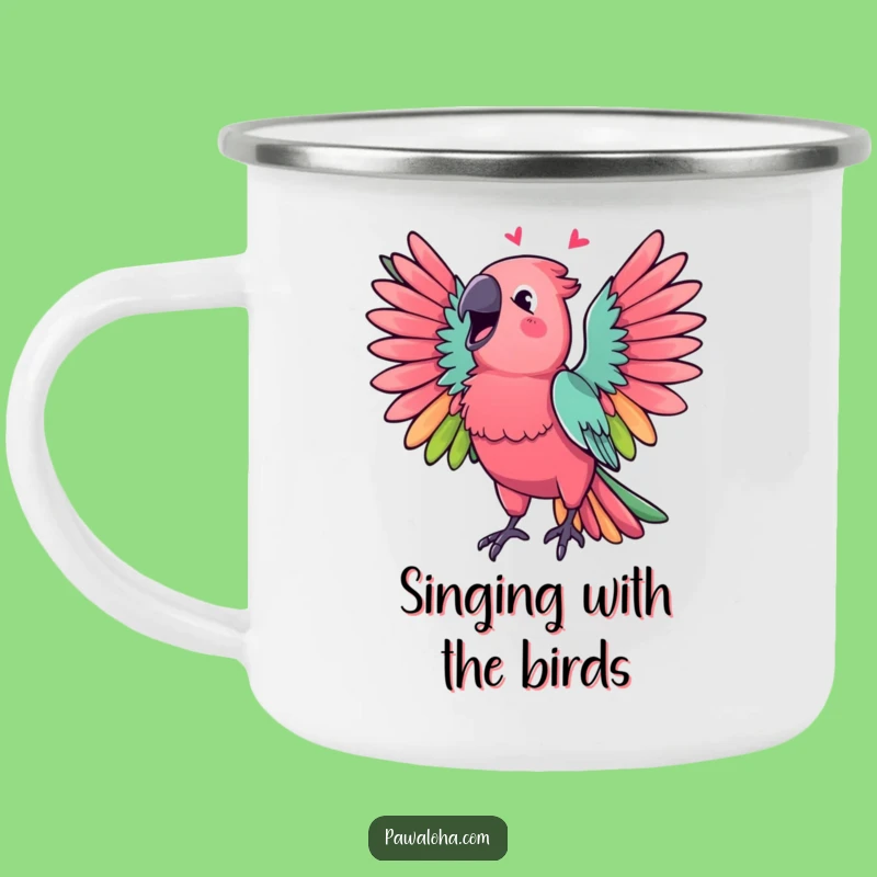 Funny Parrot Camping Mug, Vibrant Singing Bird Enamel Cup, Perfect Cheerful Gift