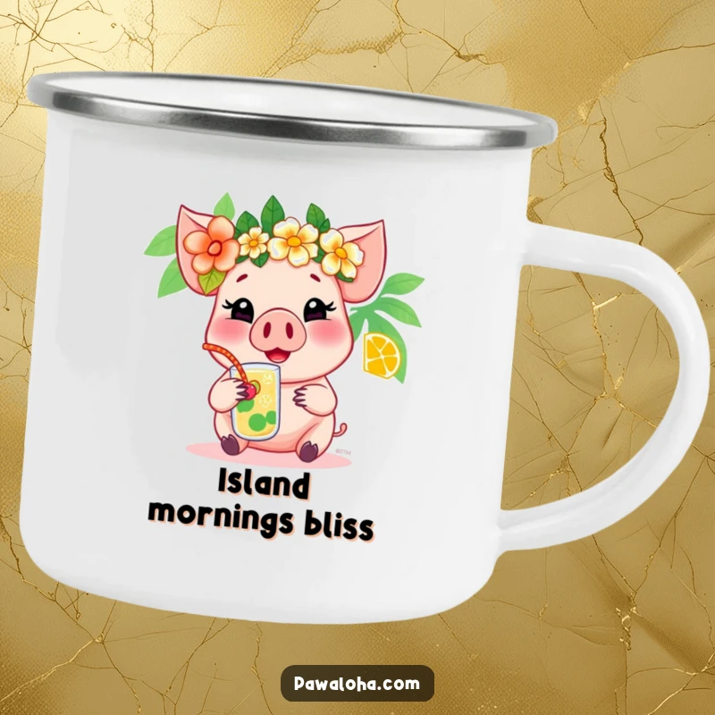 Funny pig camping mug showing a cheerful pig in a flower crown enjoying a tropical drink, perfect for beach lovers who camp.
