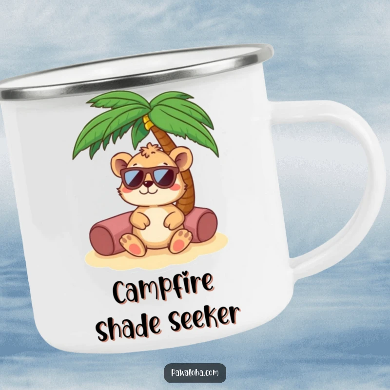 Funny animal in sunglasses relaxing under a palm tree on a camping mug. Perfect for outdoor relaxation.