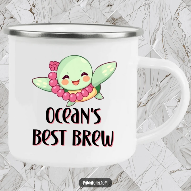 Funny sea turtle wearing a lei, swimming joyfully, etched on a durable camping mug, perfect for sipping hot beverages outdoors with a touch of island cheer.