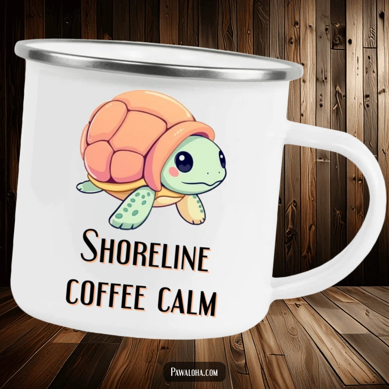 Funny sea turtle character inspecting a seashell on a camping mug, ready for curious outdoor adventures.