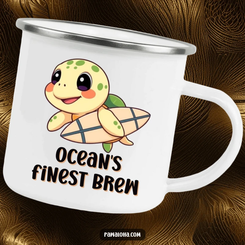 Funny Sea Turtle Surf Camping Mug: A sea turtle with a surfboard on this rugged mug is ready for funny outdoor adventures and warm drinks.