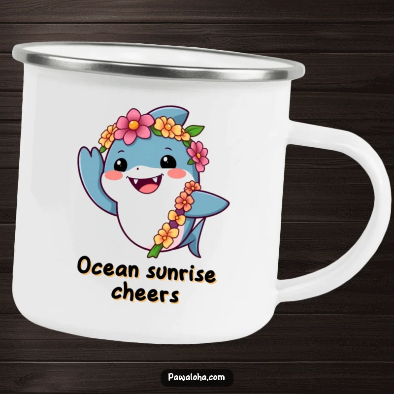 Funny shark camping mug showing a friendly shark in a lei waving cheerfully, perfect for beach lovers who camp.