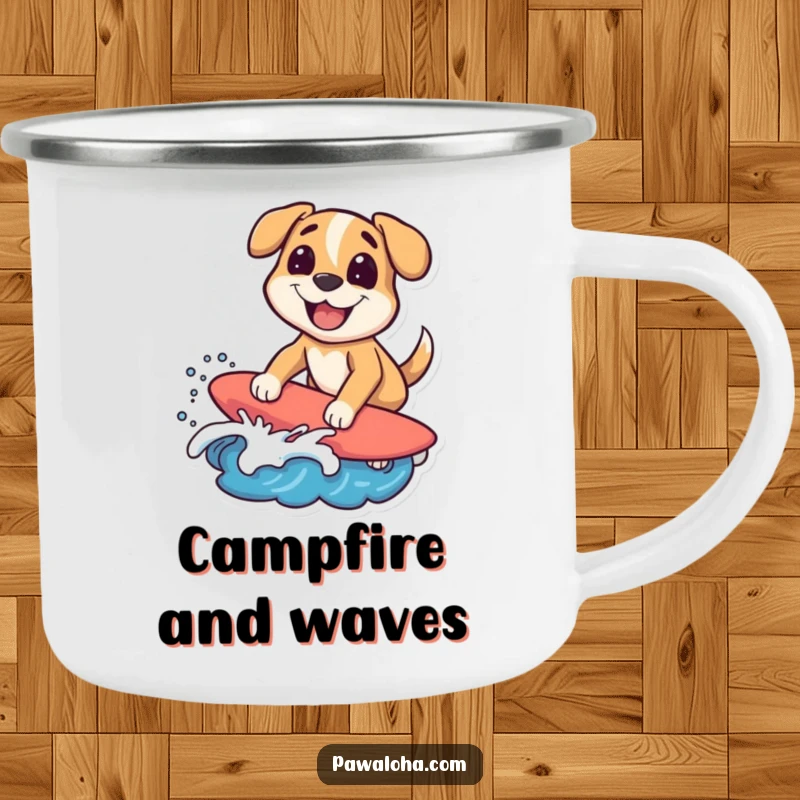 Funny surfing dog camping mug with a character riding a wave, designed for humorous beach enjoyment. Great gift.