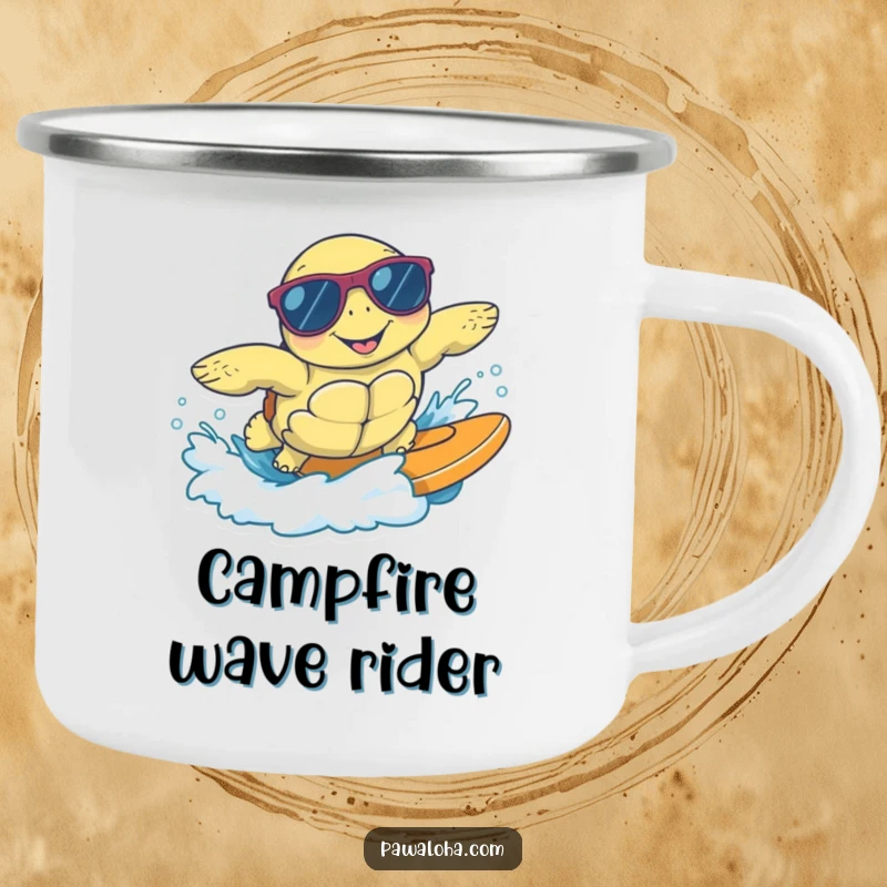 Funny camping mug with a happy sea turtle in sunglasses, surfing a gentle wave, perfect for enjoying drinks outdoors with cool style.