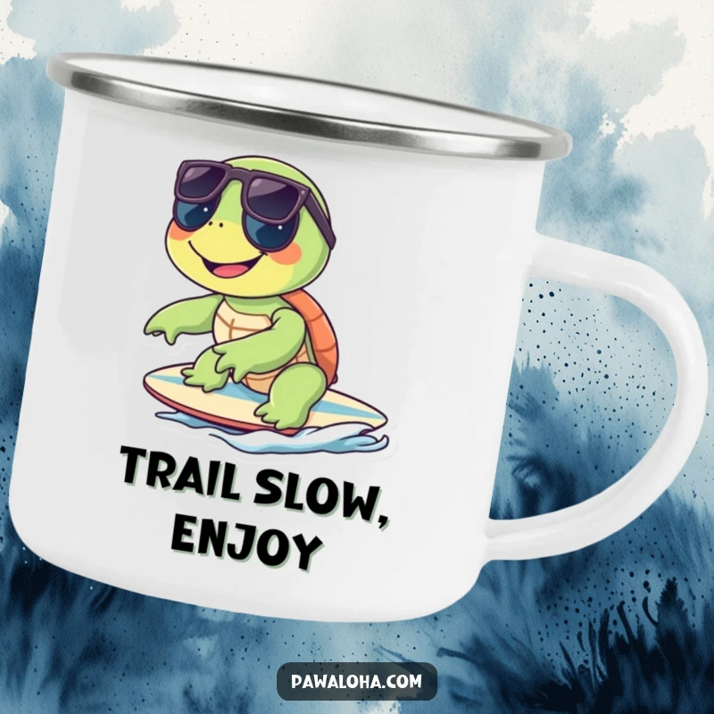 Funny turtle in sunglasses riding a surfboard on a sturdy camping mug, ready for outdoor fun.