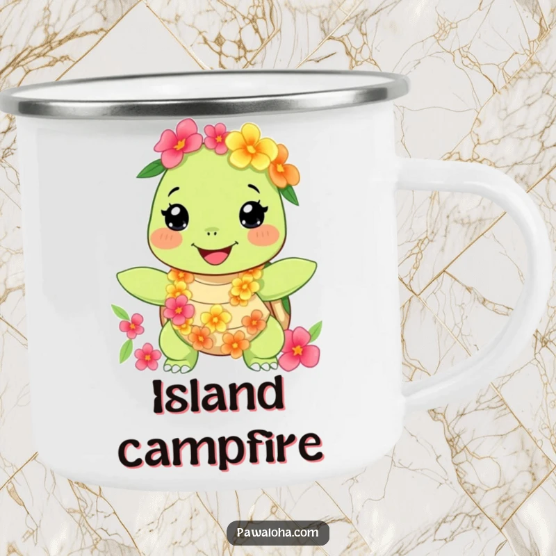 Funny turtle camping mug with a happy character wearing a floral lei, designed for humorous outdoor enjoyment. Great gift.
