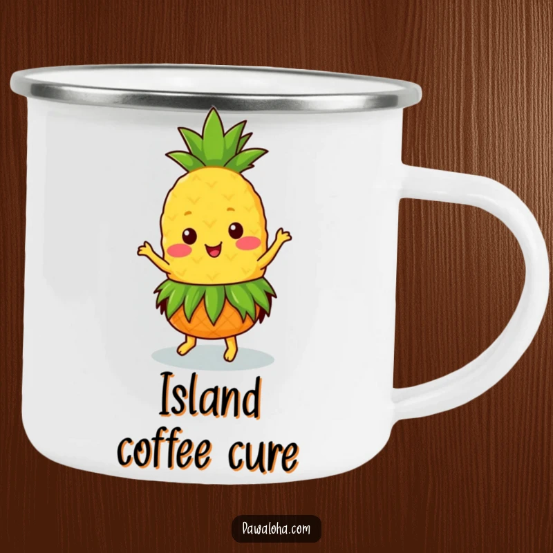 Funny Kawaii pineapple wearing a grass skirt, dancing joyfully on a tough camping mug, ideal for outdoor parties.