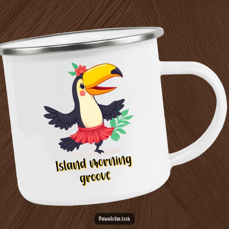 Funny toucan character in a hula skirt dancing around a campfire on a camping mug, ready for outdoor fun.