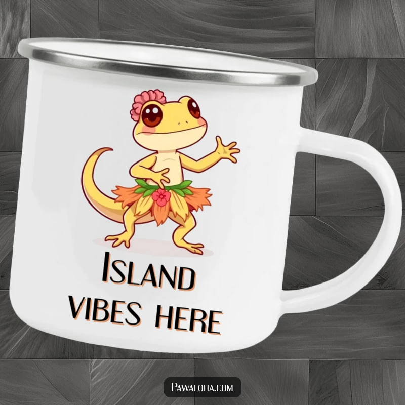 Funny Kawaii gecko in a hula skirt, dancing gracefully, on a rugged enamel camping mug, ready for any adventure.