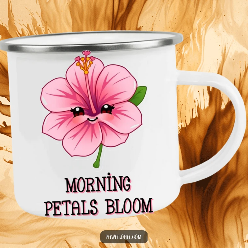 Funny hibiscus flower camping mug featuring a character with a sweet, friendly smile, designed for outdoor adventures and warm drinks.