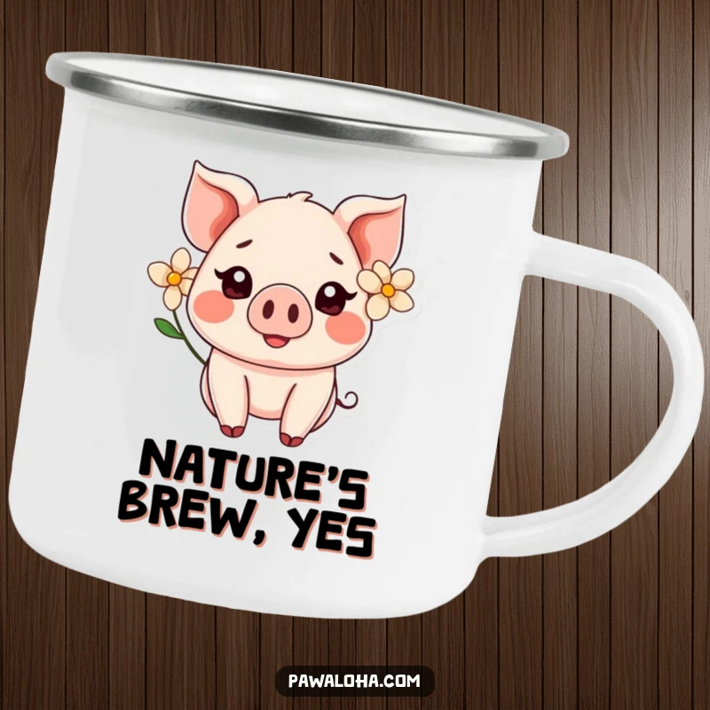 Funny Kawaii pig with a flower behind its ear, smiling on a tough camping mug, ideal for outdoor use.