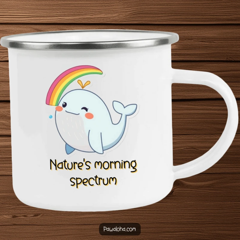 Funny whale camping mug, a durable enamel mug with a happy whale spouting a rainbow.