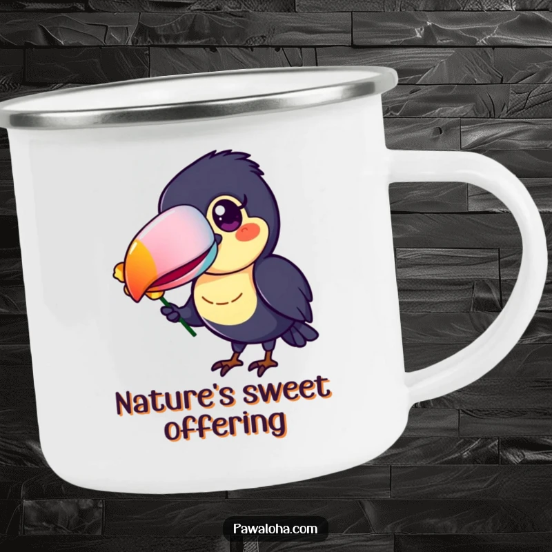 Funny Toucan Camping Mug with a cheerful toucan, its colorful beak offering a flower petal, durable and portable.