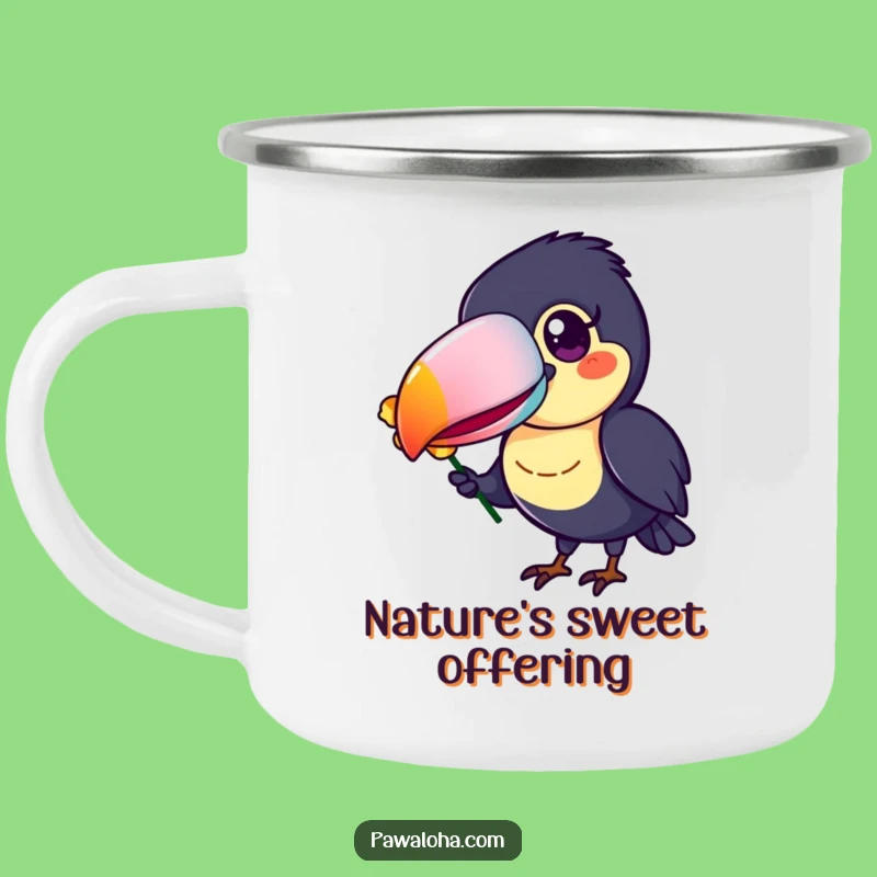 Funny Toucan Camping Mug, Colorful Beak Flower Offering Enamel Cup, Perfect Cheerful Gift