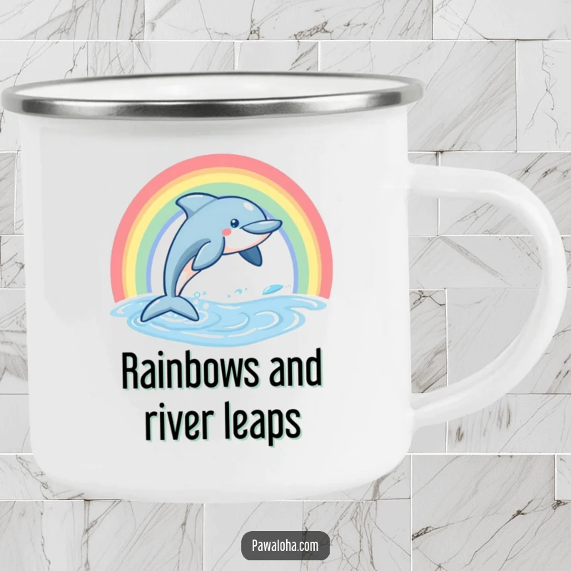 Funny Dolphin Camping Mug showing a friendly dolphin leaping from water under a colorful rainbow, durable and portable.