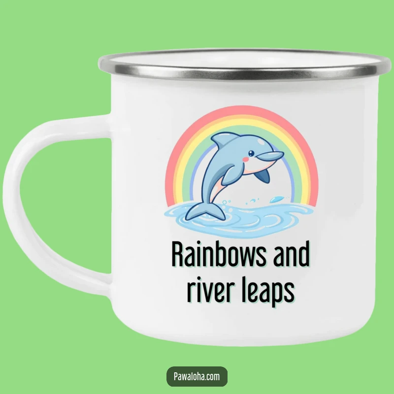 Funny Dolphin Camping Mug, Leaping Rainbow Ocean Enamel Cup, Perfect Joyful Gift