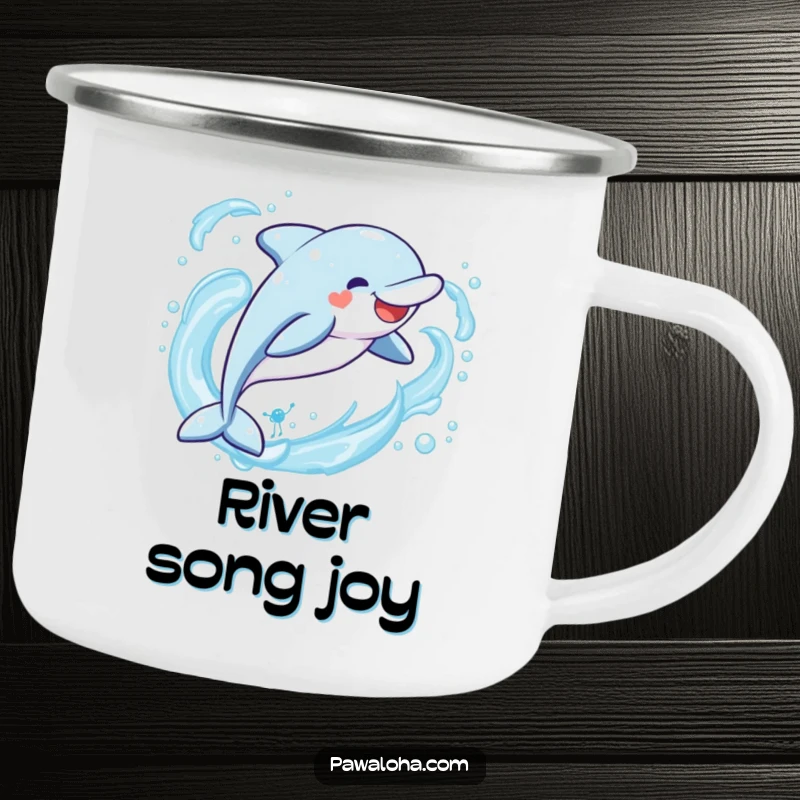 Funny Kawaii dolphin camping mug, a cute character leaping joyfully through ocean waves, adding humor to outdoor escapades.