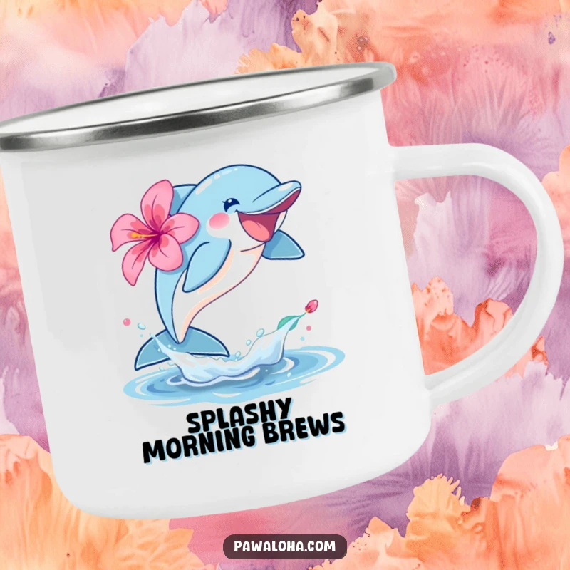 Funny dolphin character camping mug leaping joyfully out of the water with a hibiscus, ideal for outdoor adventures.