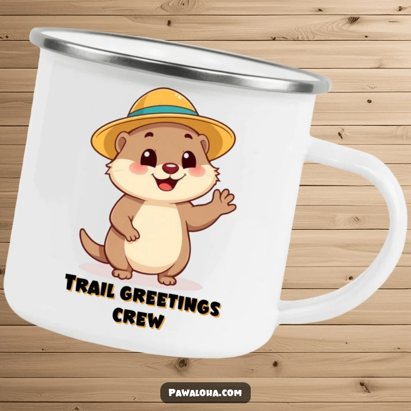 Funny Mongoose Wave Camping Mug: A mongoose in a sun hat waves hello on this rugged mug, ready for funny outdoor adventures.