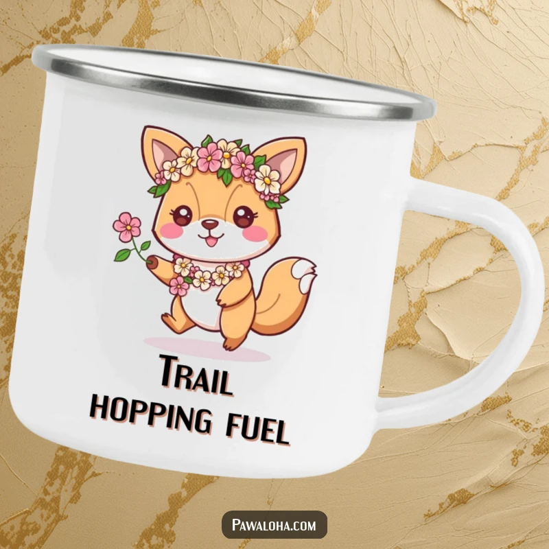Funny Camping Mug: An animal character with floral leis hops enthusiastically, perfect for outdoor energetic fun.