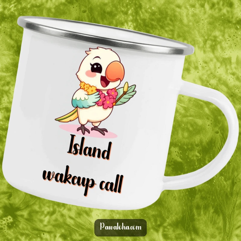Funny camping mug featuring a happy kawaii parrot with a lei, dancing the hula, perfect for outdoor enthusiasts who love tropical themes.