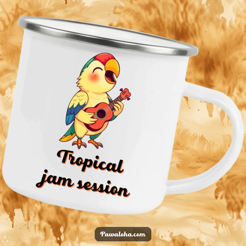 Funny Parrot Ukulele Camping Mug: A colorful singing parrot with a ukulele on this mug is ready for funny campfire songs and drinks.